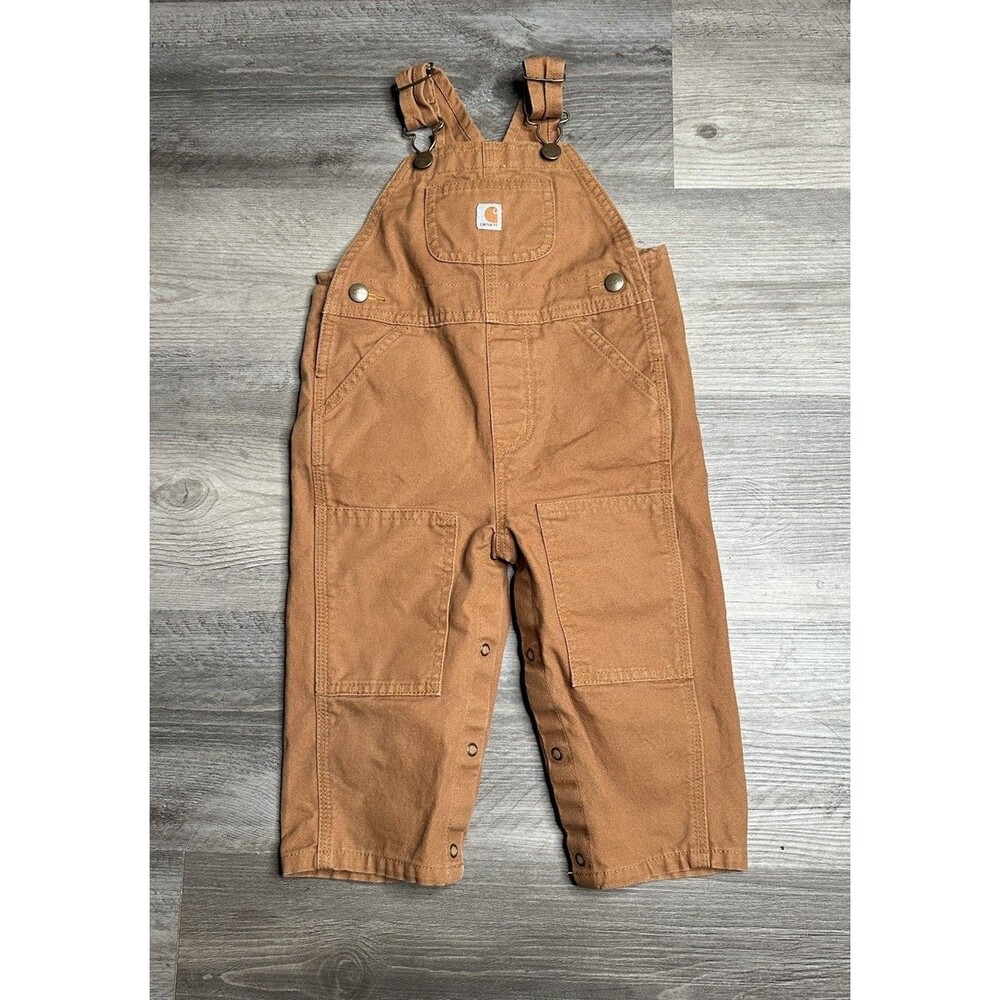Carhartt Kids 18M Duck Brown Canvas Bib Overalls Double Knee Snaps